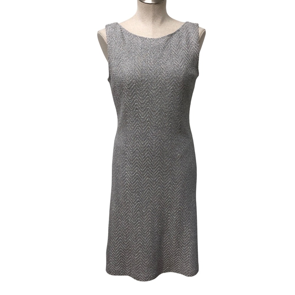 St. John Sheath Dress Women 4 Silver Multi Metallic Herringbone Lined Career